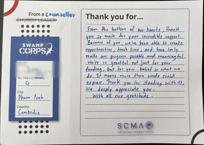 Handwritten thank-you card from a counselor in Phnom Penh, Cambodia
