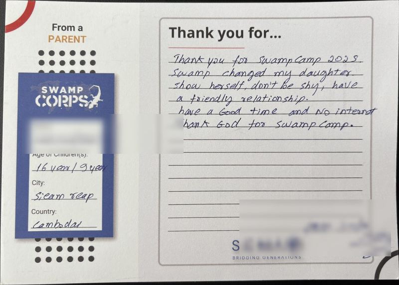 Handwritten thank-you card from a parent in Siem Reap, Cambodia