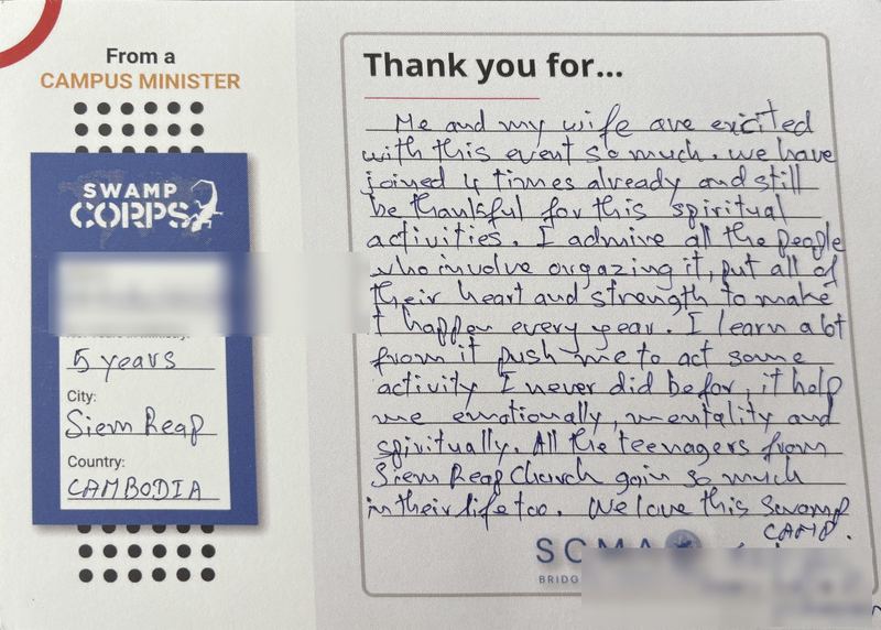 Handwritten thank-you card from a campus minister in Siem Reap, Cambodia