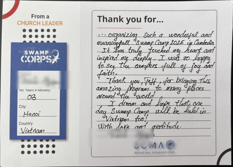 Handwritten thank-you card from a church leader in Hanoi, Vietnam