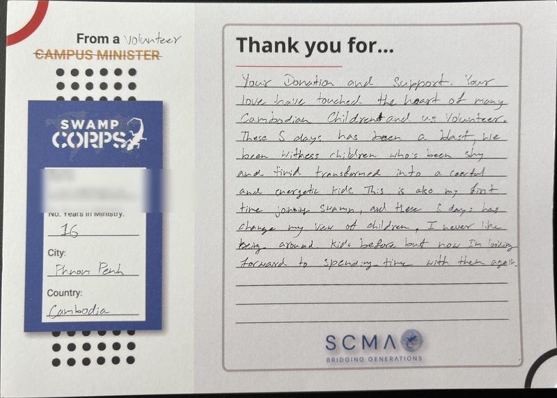 Handwritten thank-you card from a volunteer in Phnom Penh, Cambodia