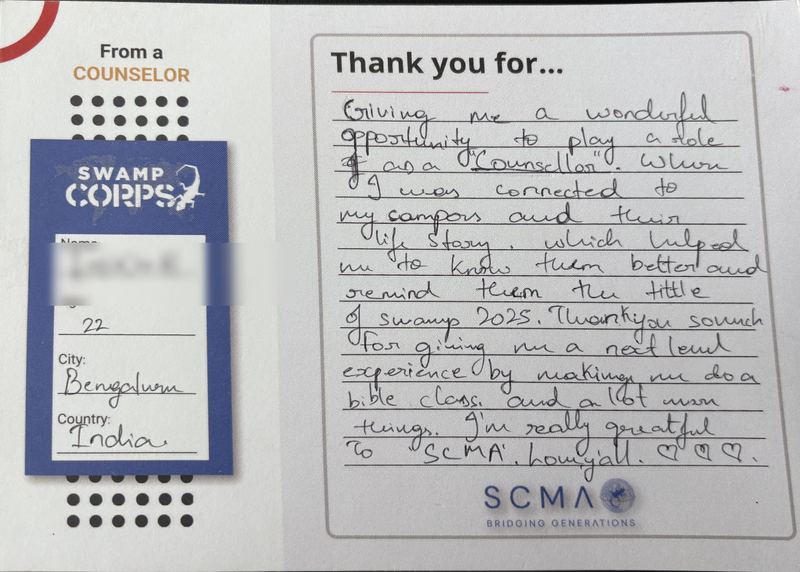 Handwritten thank-you card from a counselor in Bengaluru, India