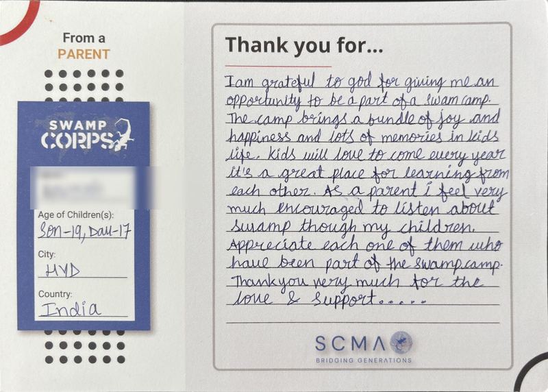 Handwritten thank-you card from a parent in Hyderabad, India
