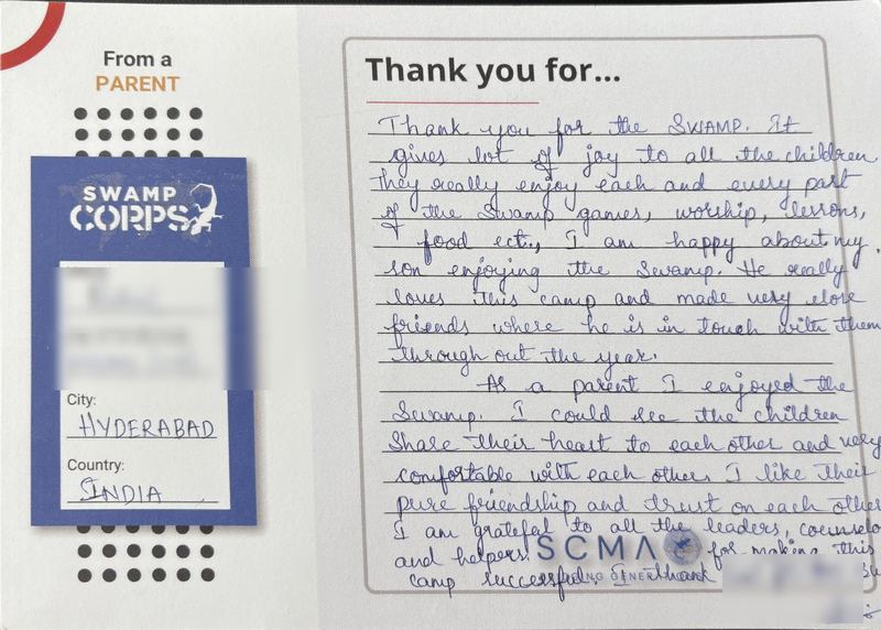 Handwritten thank-you card from a parent in Hyderabad, India