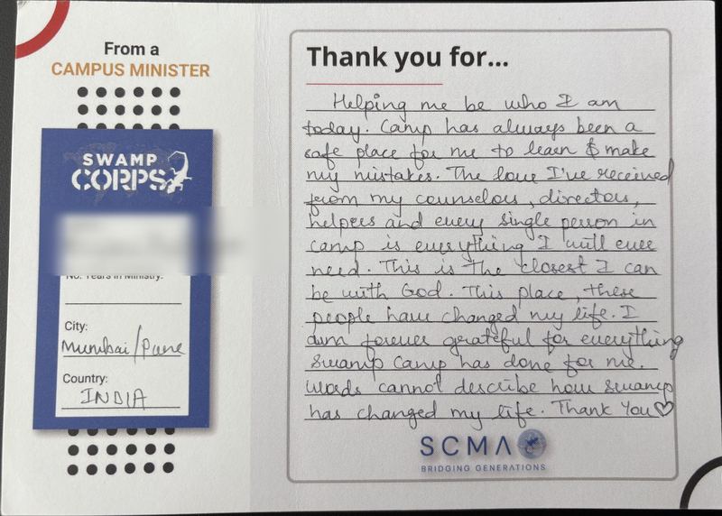 Handwritten thank-you card from a campus minister in Mumbai / Pune, India