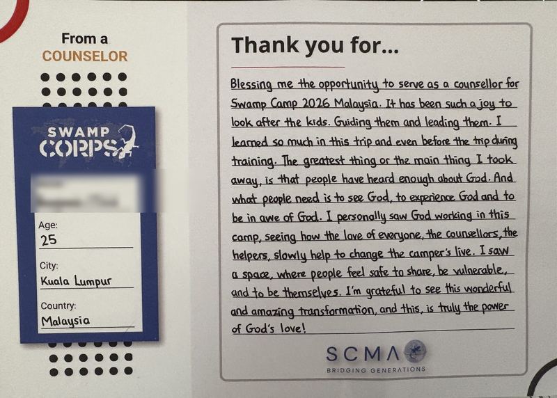 Handwritten thank-you card from a counselor in Kuala Lumpur, Malaysia
