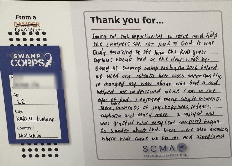 Handwritten thank-you card from a counselor in Kuala Lumpur, Malaysia