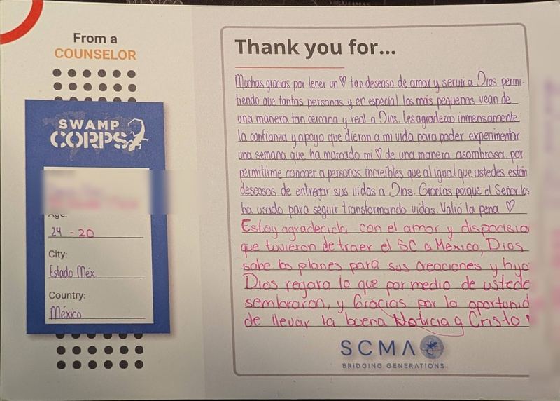 Handwritten thank-you card from a counselor in Estado de México, Mexico
