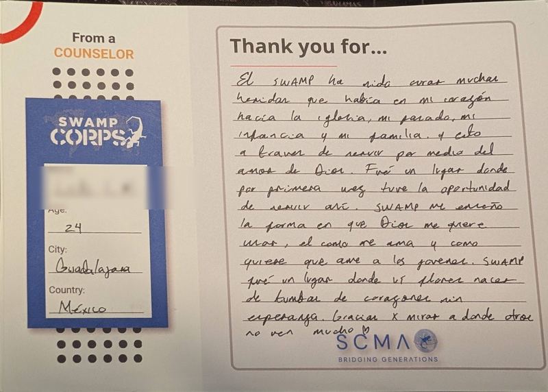 Handwritten thank-you card from a counselor in Guadalajara, Mexico