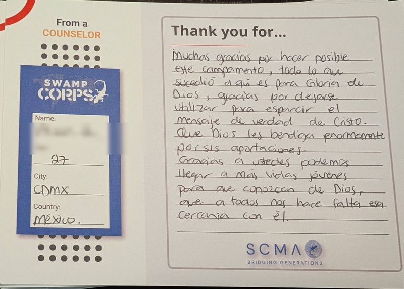 Handwritten thank-you card from a counselor in Mexico City, Mexico