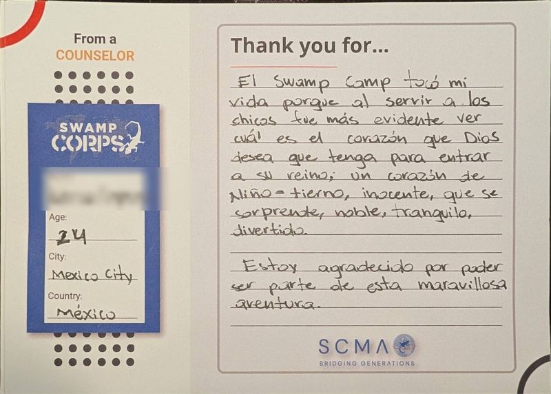 Handwritten thank-you card from a counselor in Mexico City, Mexico