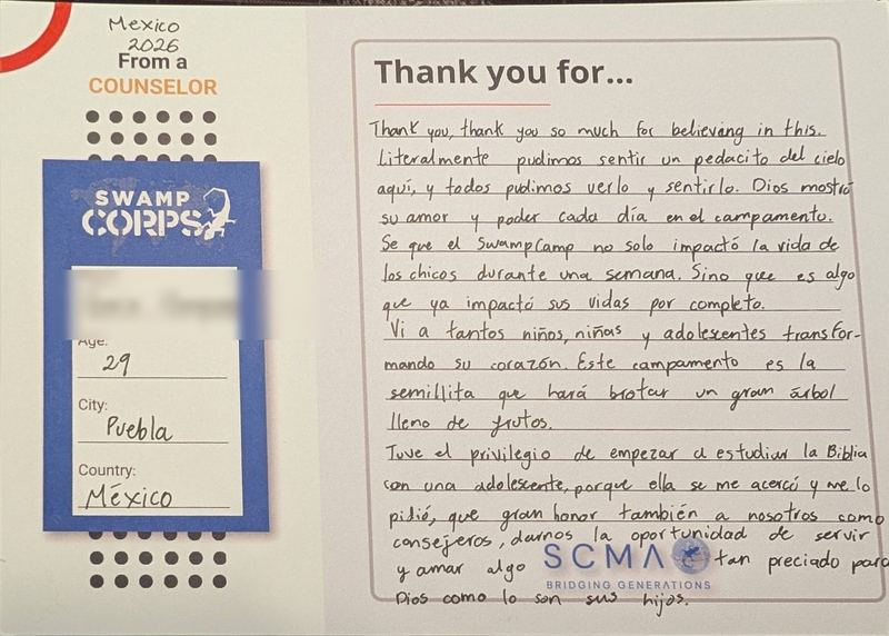 Handwritten thank-you card from a counselor in Puebla, Mexico