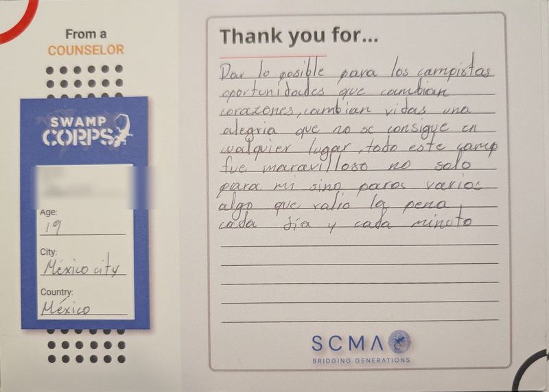 Handwritten thank-you card from a counselor in Mexico City, Mexico