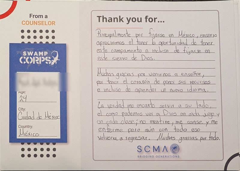 Handwritten thank-you card from a counselor in Mexico City, Mexico