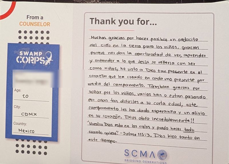 Handwritten thank-you card from a counselor in Mexico City, Mexico