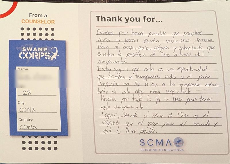 Handwritten thank-you card from a counselor in Mexico City, Mexico