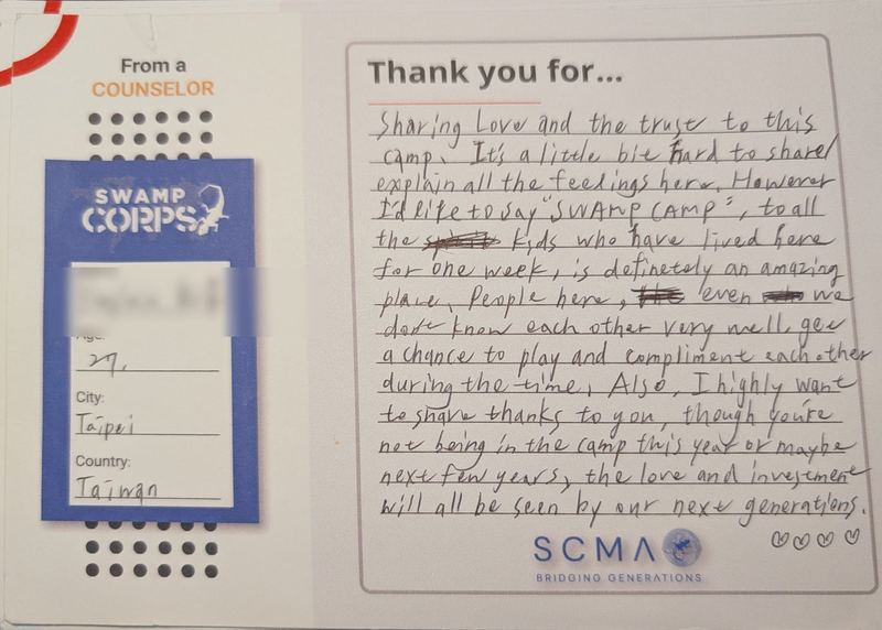 Handwritten thank-you card from a counselor in Taipei, Taiwan