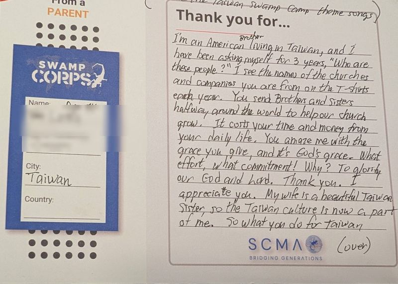 Handwritten thank-you card from a parent in Taiwan