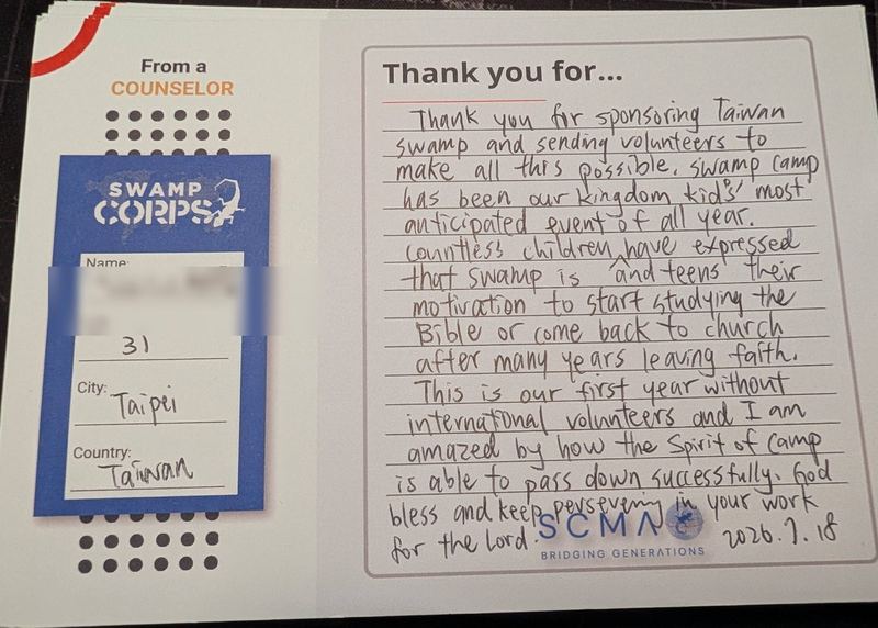 Handwritten thank-you card from a counselor in Taipei, Taiwan