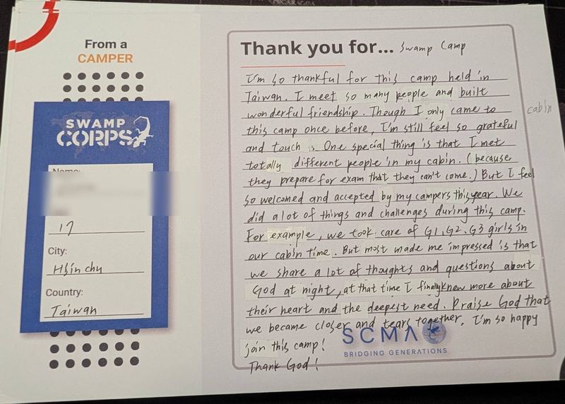 Handwritten thank-you card from a camper in Hsinchu, Taiwan