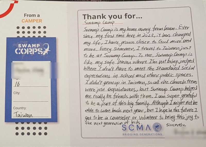 Handwritten thank-you card from a camper in Taiwan